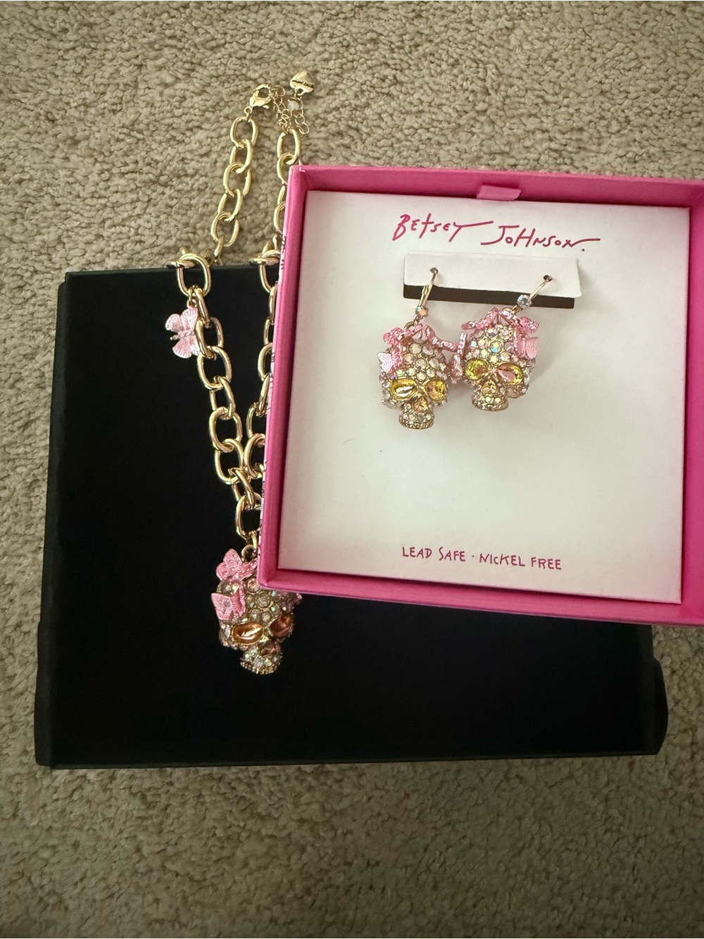 Betsey Johnson Necklace & Earrings with Pink butterflies & Clear Crystal skull